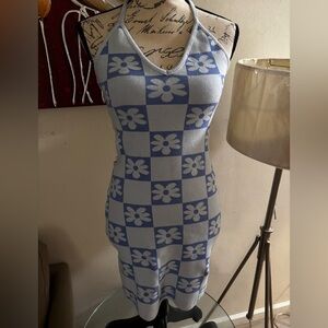 Debut Blue and White Checkered Floral Dress